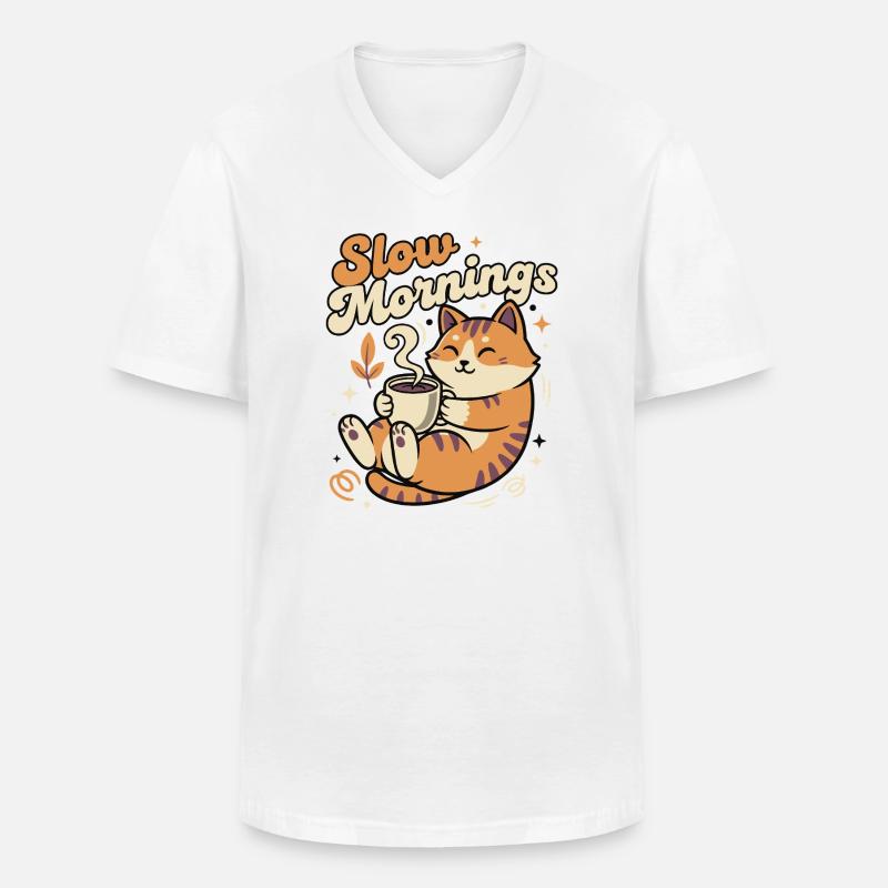 Langsame Morgenkatze mit Kaffee - Männer-T-Shirt mit V-Ausschnitt - Weiß