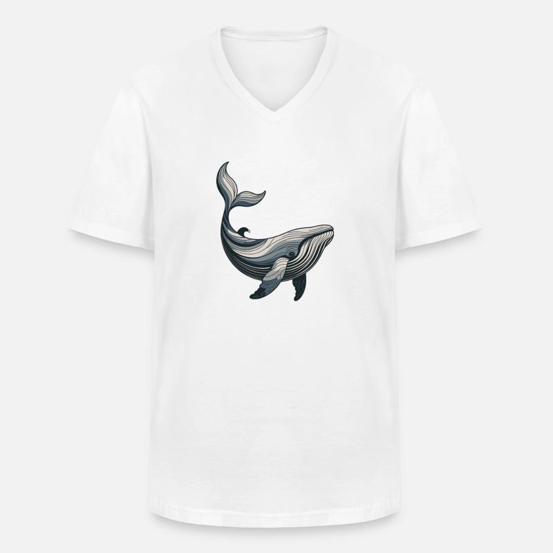 Linienwal: Blaues Waldesign - Männer-T-Shirt mit V-Ausschnitt - Weiß