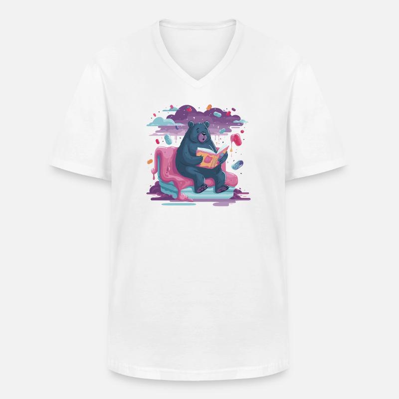Lesender Bär im Candy-Traum - Männer-T-Shirt mit V-Ausschnitt - Weiß