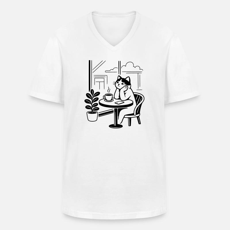 Nachdenkliche Katze Café - Männer-T-Shirt mit V-Ausschnitt - Weiß