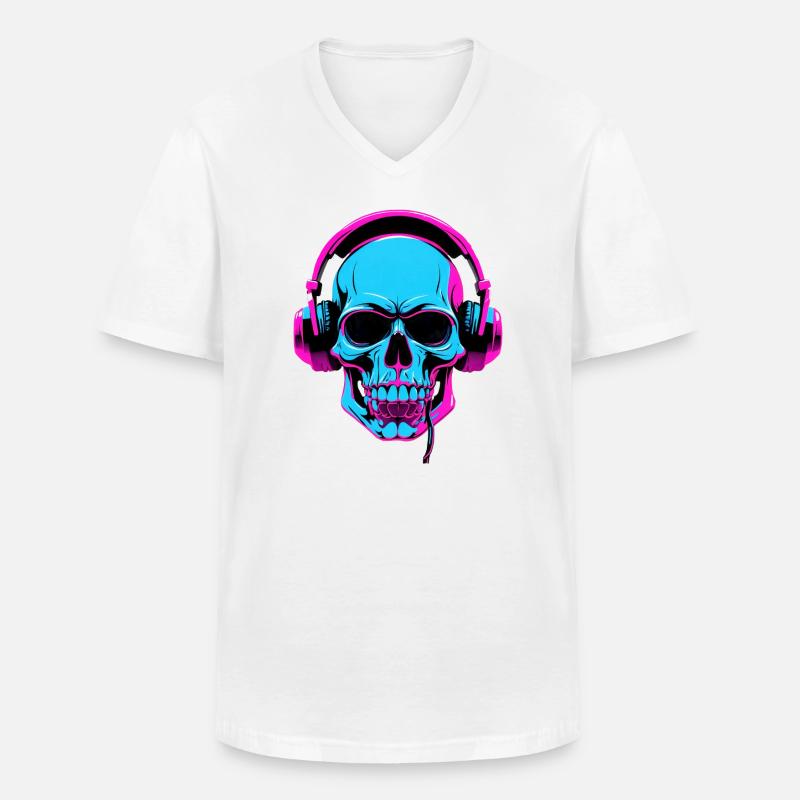 Neon Skull mit Kopfhörern - Männer-T-Shirt mit V-Ausschnitt - Weiß