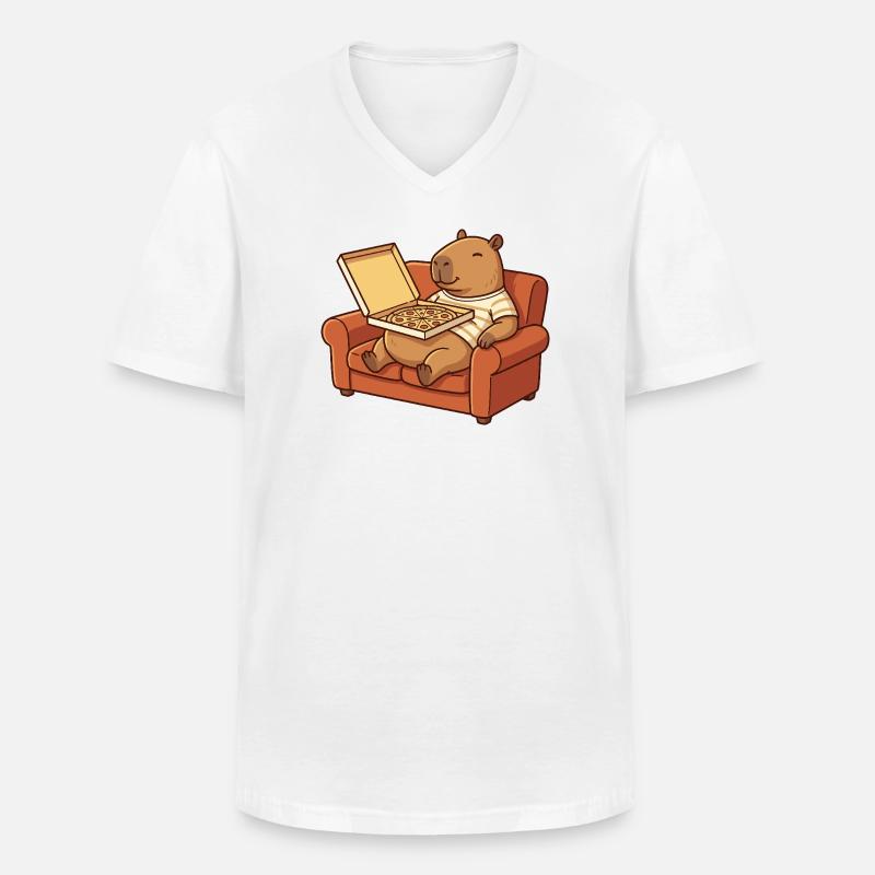 Capybara Sofa Pizza gemütliches Tierdesign - Männer-T-Shirt mit V-Ausschnitt - Weiß