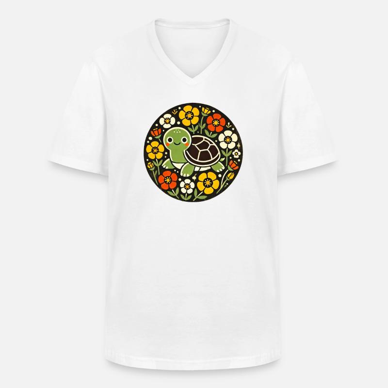 Tiny Turtle Amid Floral Circle - Men's V-Neck T-Shirt - white