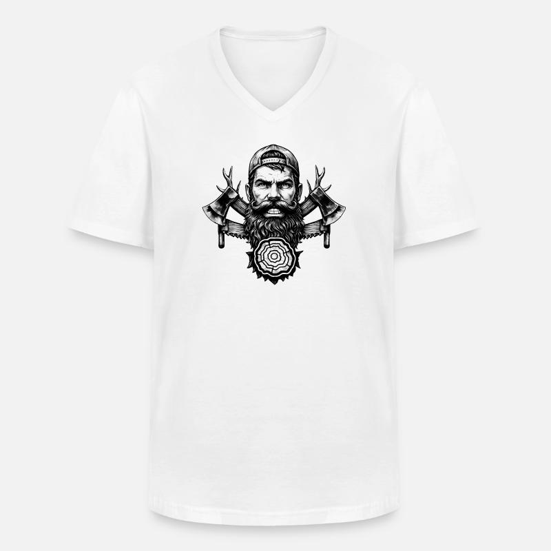 Holzfäller mit Bart, Äxten und Baumstamm - Männer-T-Shirt mit V-Ausschnitt - Weiß