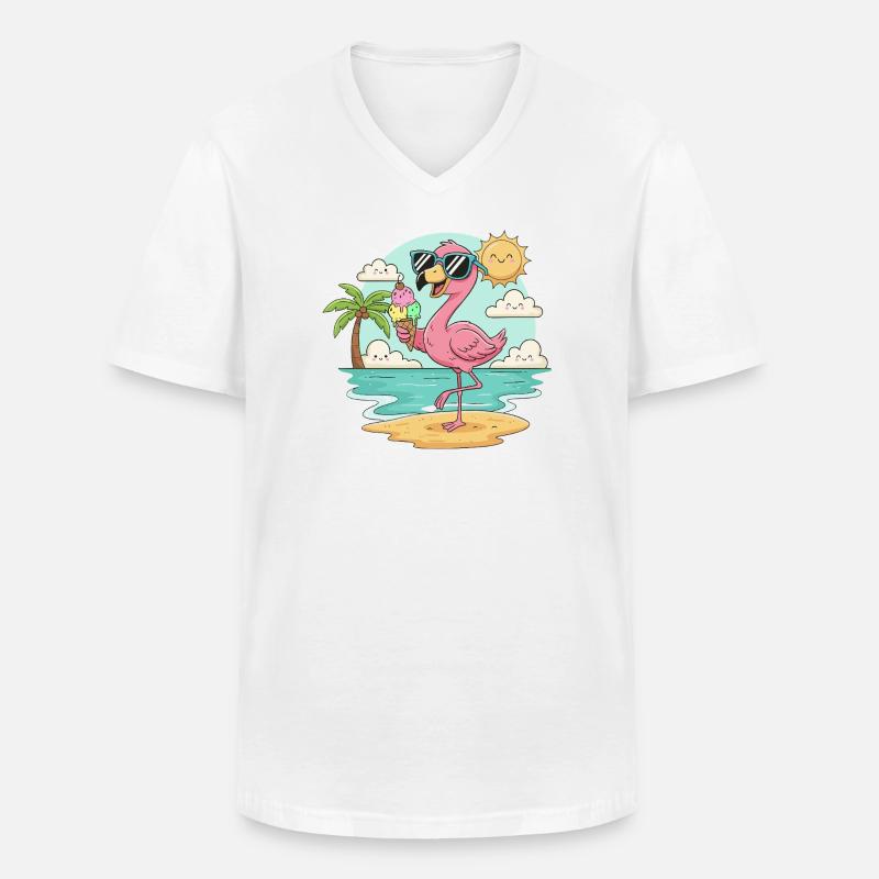 Flamingo am Strand mit Eis & Sonne - Männer-T-Shirt mit V-Ausschnitt - Weiß