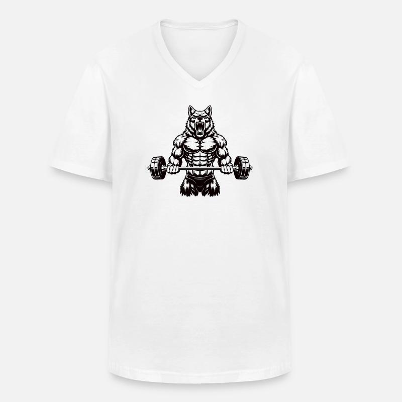 Kraftvoller Wolf mit Langhantel - Männer-T-Shirt mit V-Ausschnitt - Weiß