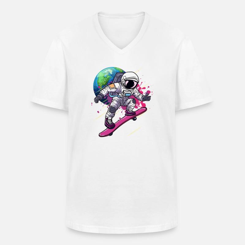 Astronaut Skateboard Erde - Männer-T-Shirt mit V-Ausschnitt - Weiß
