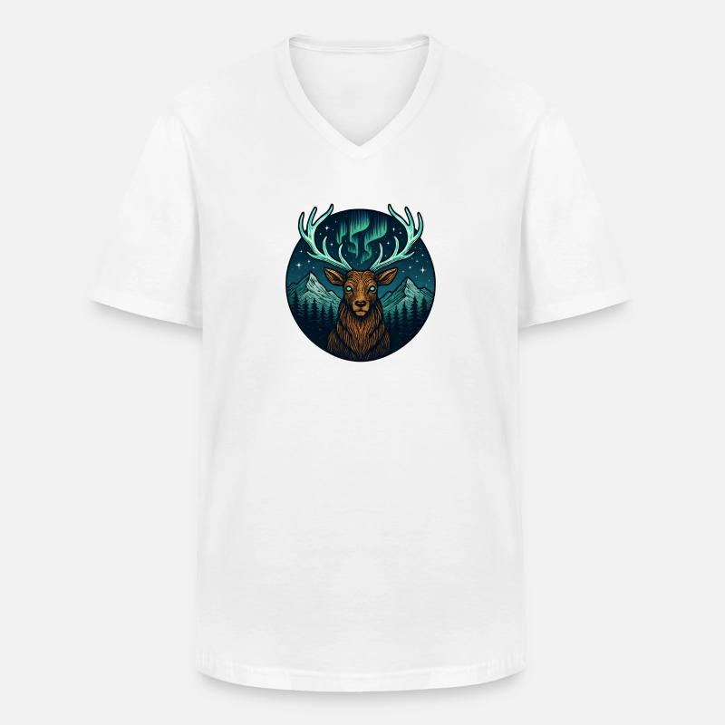 Nachtwald Hirsch mit Nordlicht-Geweih - Männer-T-Shirt mit V-Ausschnitt - Weiß