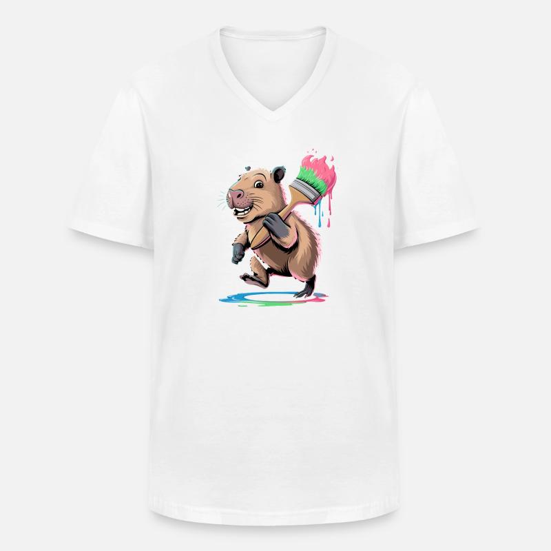 Capibara divertente con macchie colorate di vernice a pennello - Maglietta da uomo classica con scollo a V - bianco