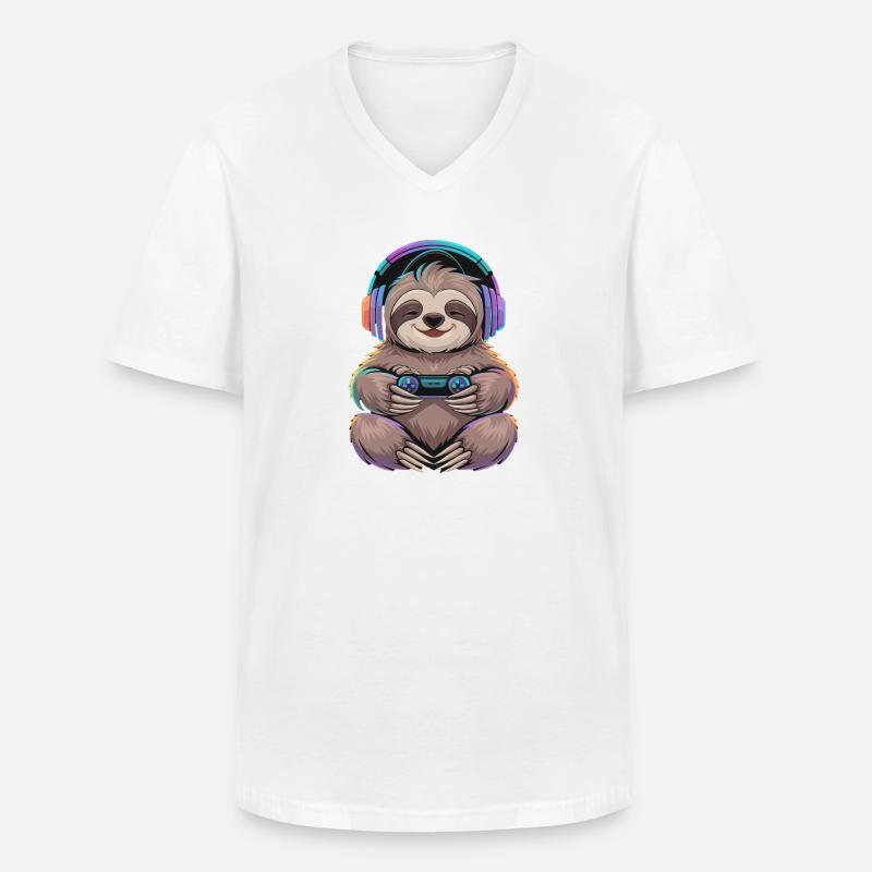  Faultier Gamer Mit Controller Und Bunter - Männer-T-Shirt mit V-Ausschnitt - Weiß