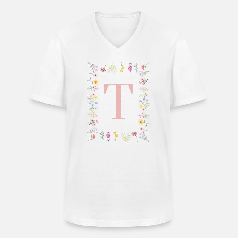 Florale Initialen "T", Buchstaben Monogramm - Männer-T-Shirt mit V-Ausschnitt - Weiß