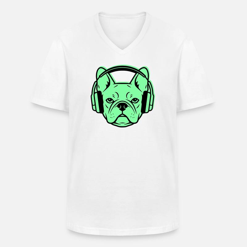 Frenchie DJ Kopfhörer Musik - Männer-T-Shirt mit V-Ausschnitt - Weiß