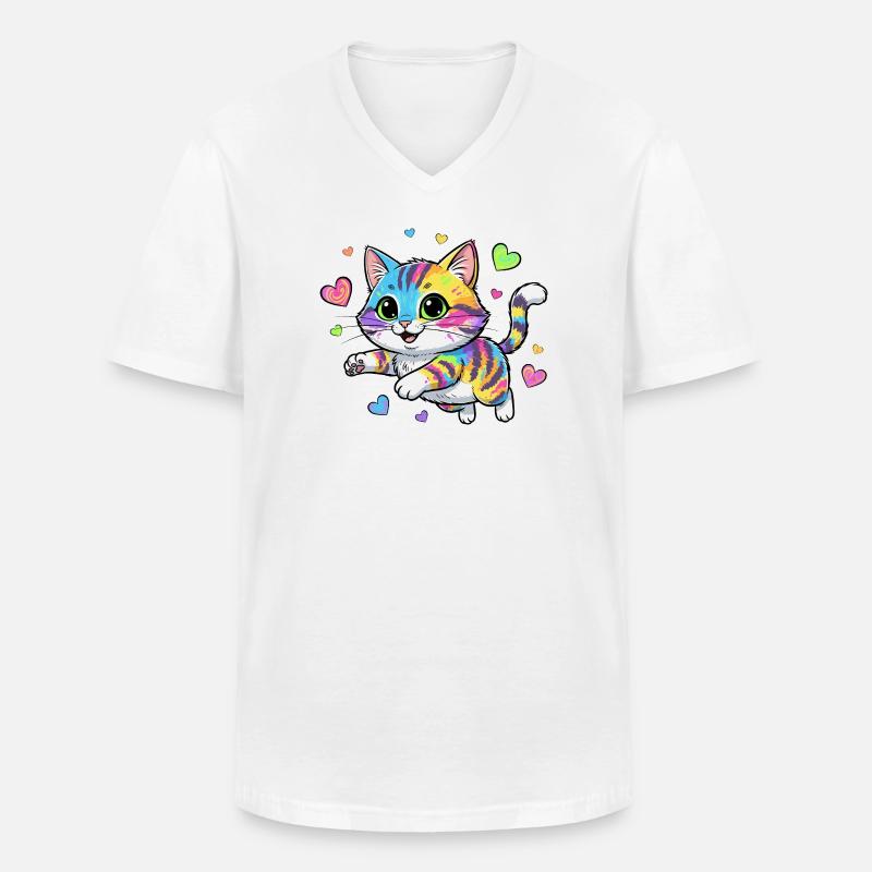 Regenbogenkatze mit Herzen - Männer-T-Shirt mit V-Ausschnitt - Weiß