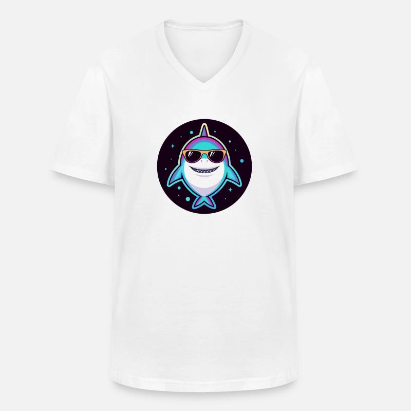 Neon-Regenbogenhai mit Sonnenbrille - Männer-T-Shirt mit V-Ausschnitt - Weiß