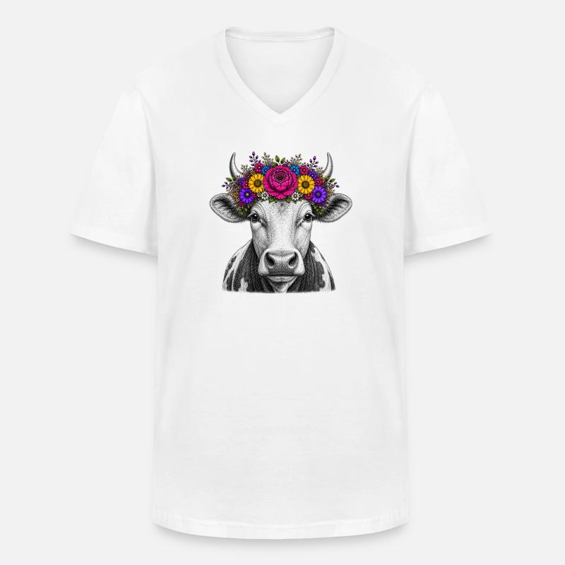 Kuh mit Blumenkrone - Männer-T-Shirt mit V-Ausschnitt - Weiß