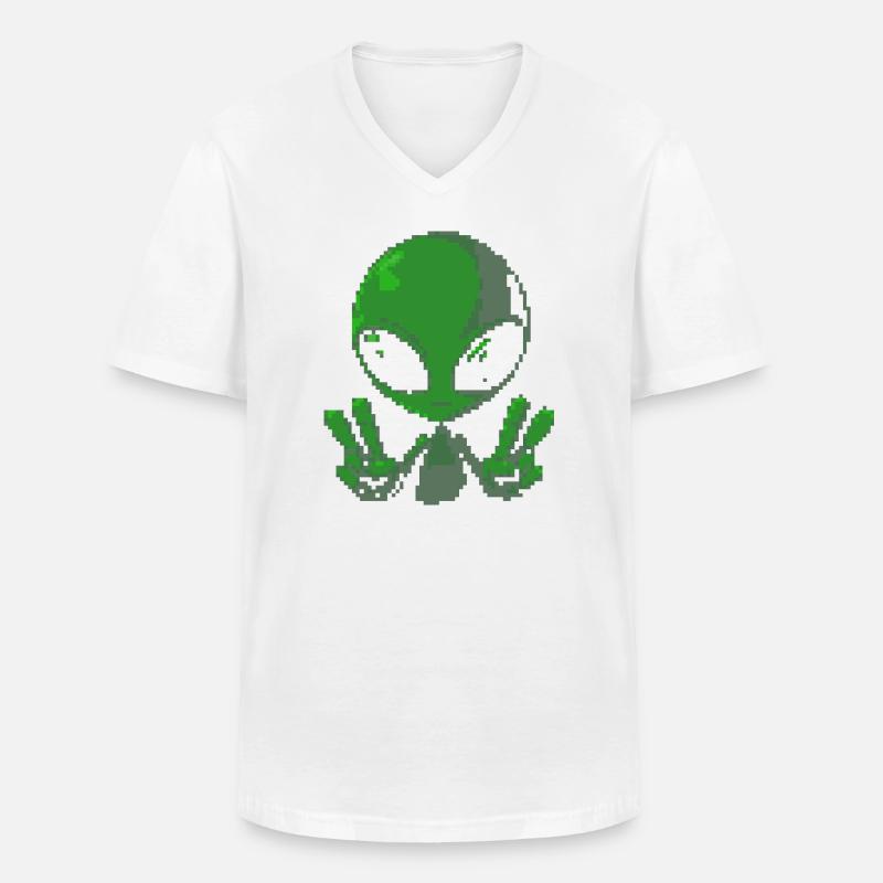 Pixel grünes Alien-Friedenszeichen - Männer-T-Shirt mit V-Ausschnitt - Weiß