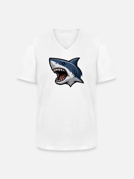 Angry Shark Head Cartoon Print - Men's V-Neck T-Shirt - white
