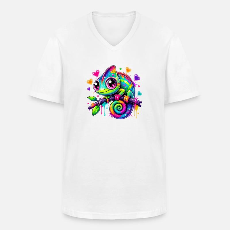 Buntes Chamäleon auf Ast - Männer-T-Shirt mit V-Ausschnitt - Weiß