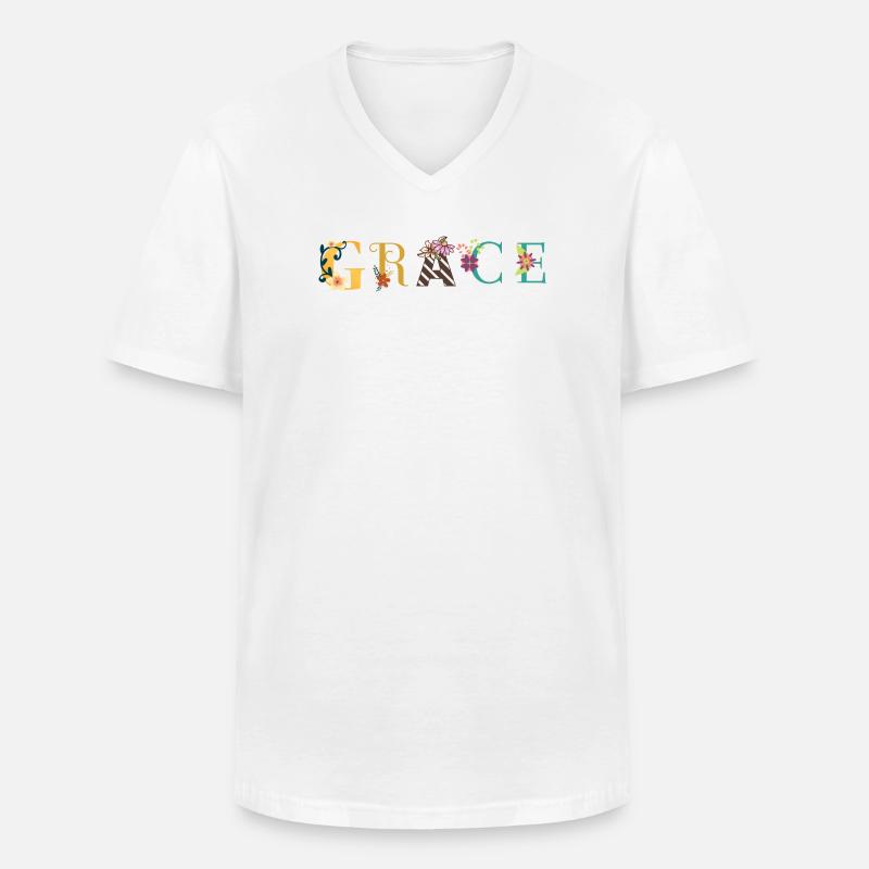 GRACE Namenskunst mit gestickten Blumen - Männer-T-Shirt mit V-Ausschnitt - Weiß