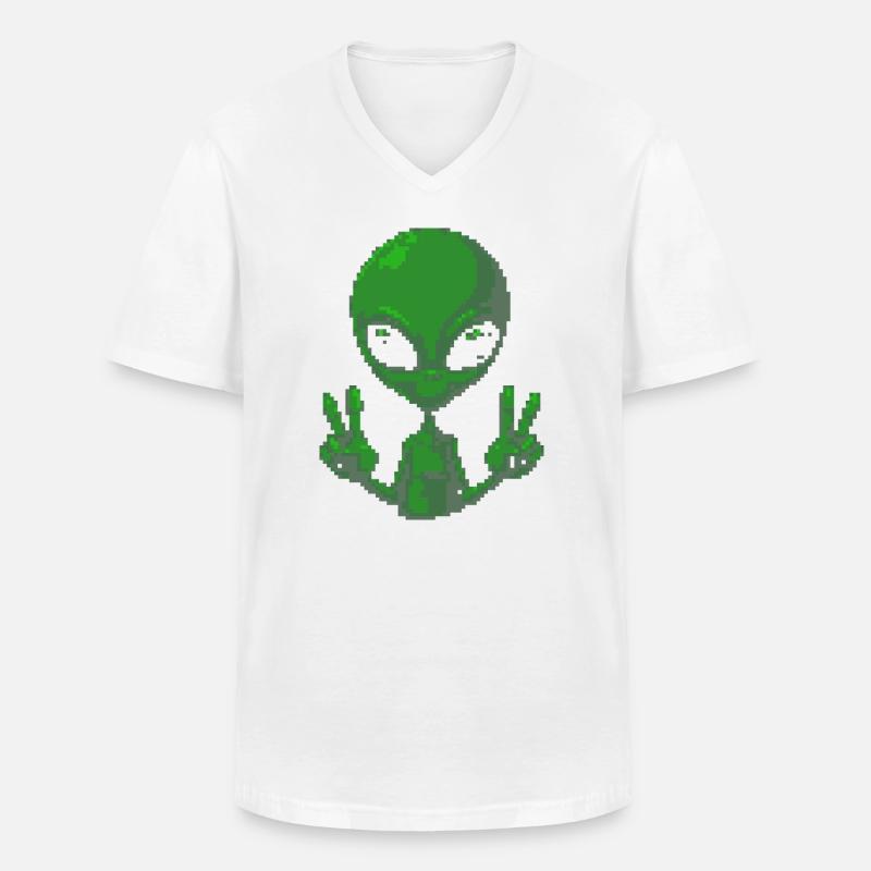 Pixel Alien Friedenszeichen-Tee - Männer-T-Shirt mit V-Ausschnitt - Weiß