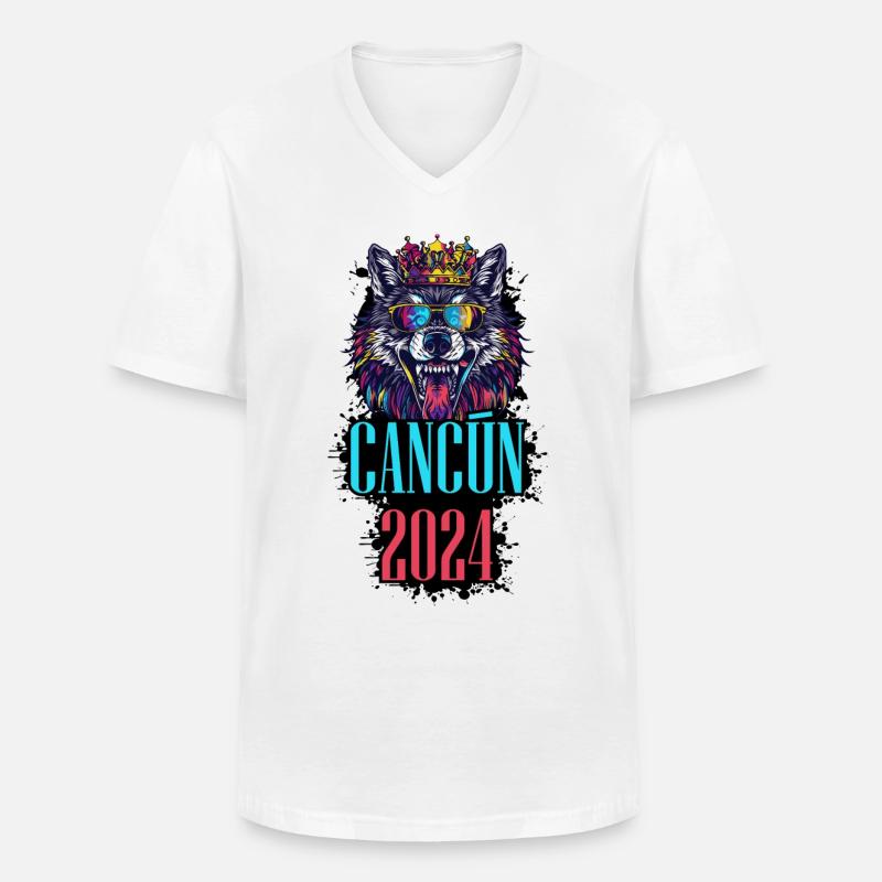Cancun 2024 Urlaub Wolf - Männer-T-Shirt mit V-Ausschnitt - Weiß