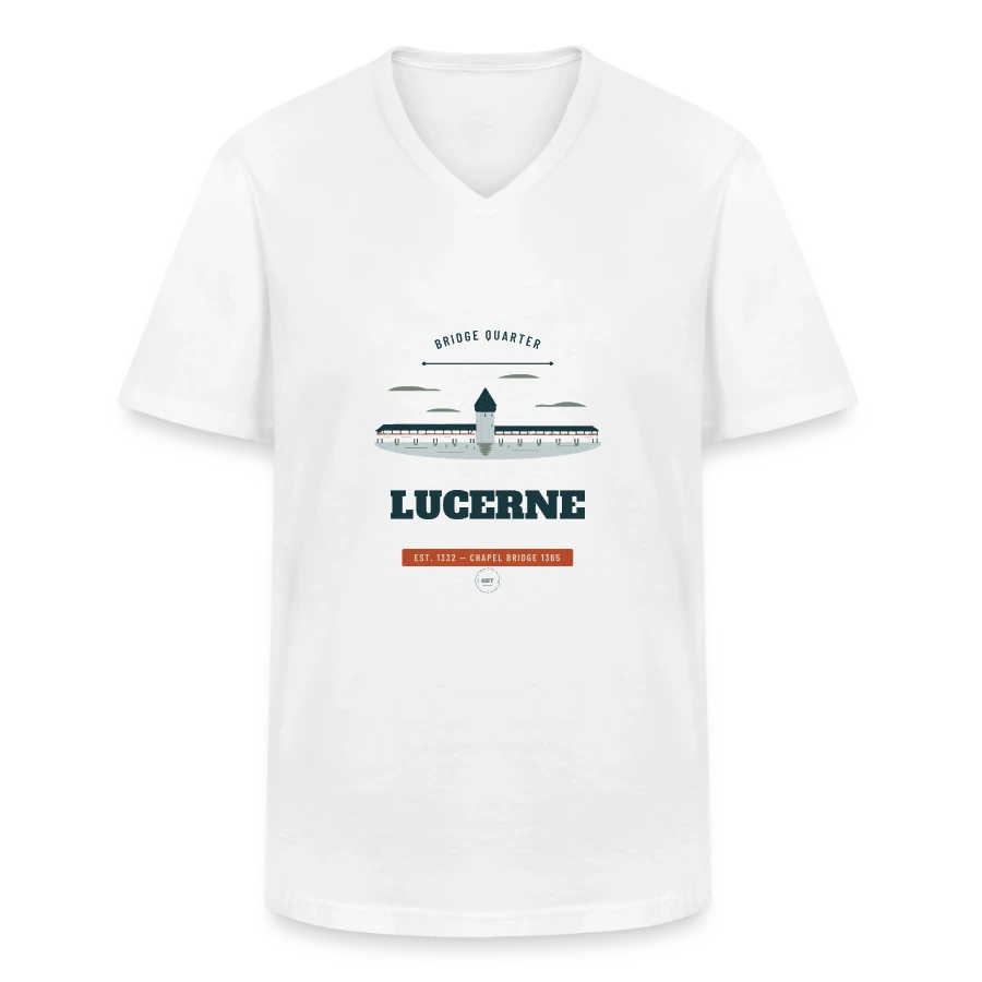 Lucerne badge on a men's v-neck t-shirt, white
