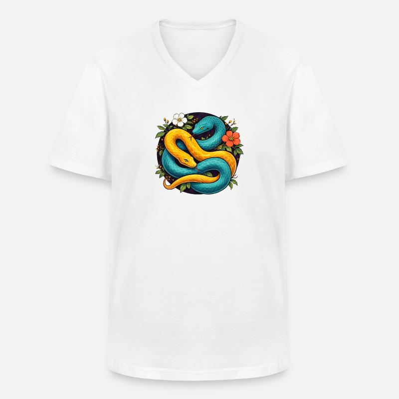 Deux serpents python dans l’anneau fleuri - T-shirt col V Homme - blanc