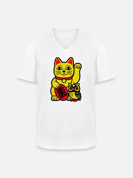 Lucky cat with little owl - Men's V-Neck T-Shirt - white