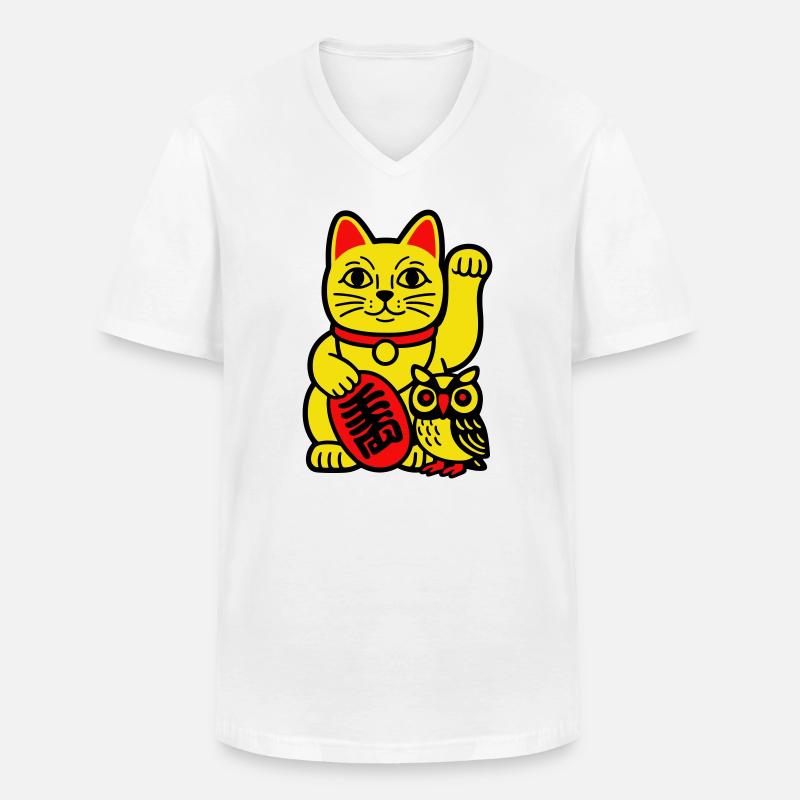 Glückskatze mit kleiner Eule - Männer-T-Shirt mit V-Ausschnitt - Weiß