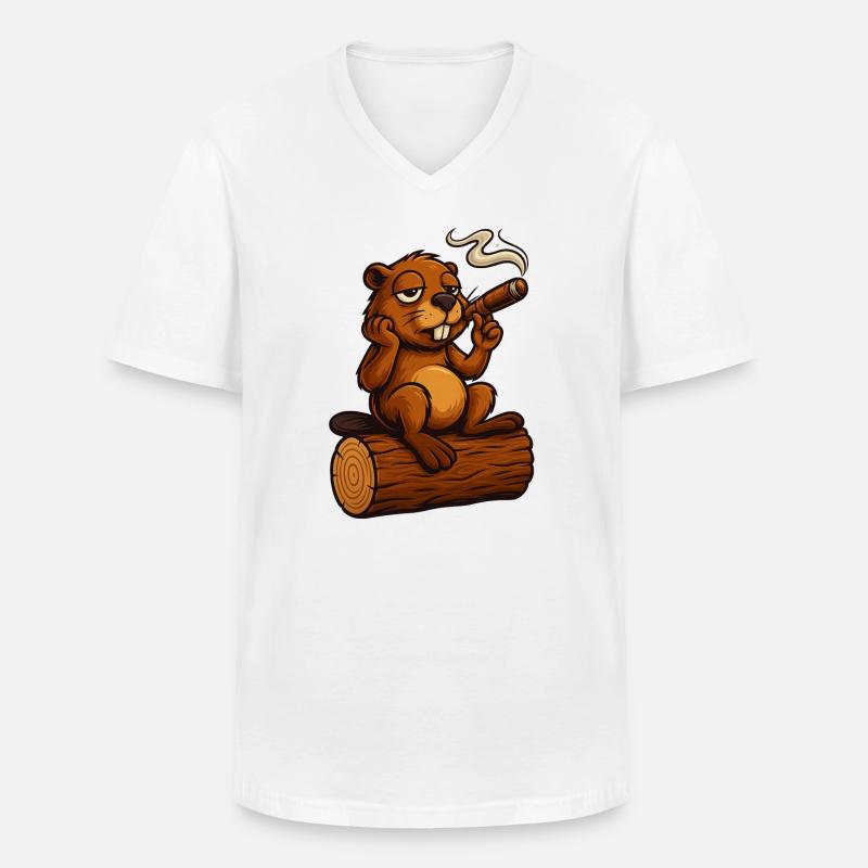 Chillender Biber mit Zigarre - Männer-T-Shirt mit V-Ausschnitt - Weiß