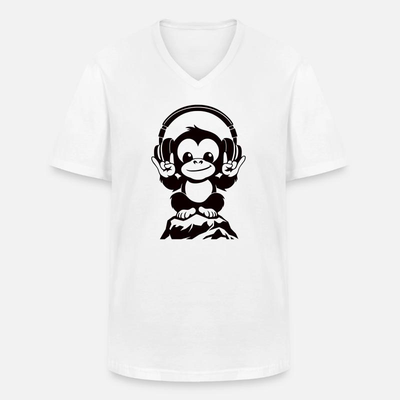 DJ Affe – Kopfhörer & Rockhandzeichen - Männer-T-Shirt mit V-Ausschnitt - Weiß