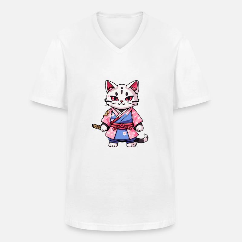 Samurai Katze & Kirschblüten #14 - Männer-T-Shirt mit V-Ausschnitt - Weiß