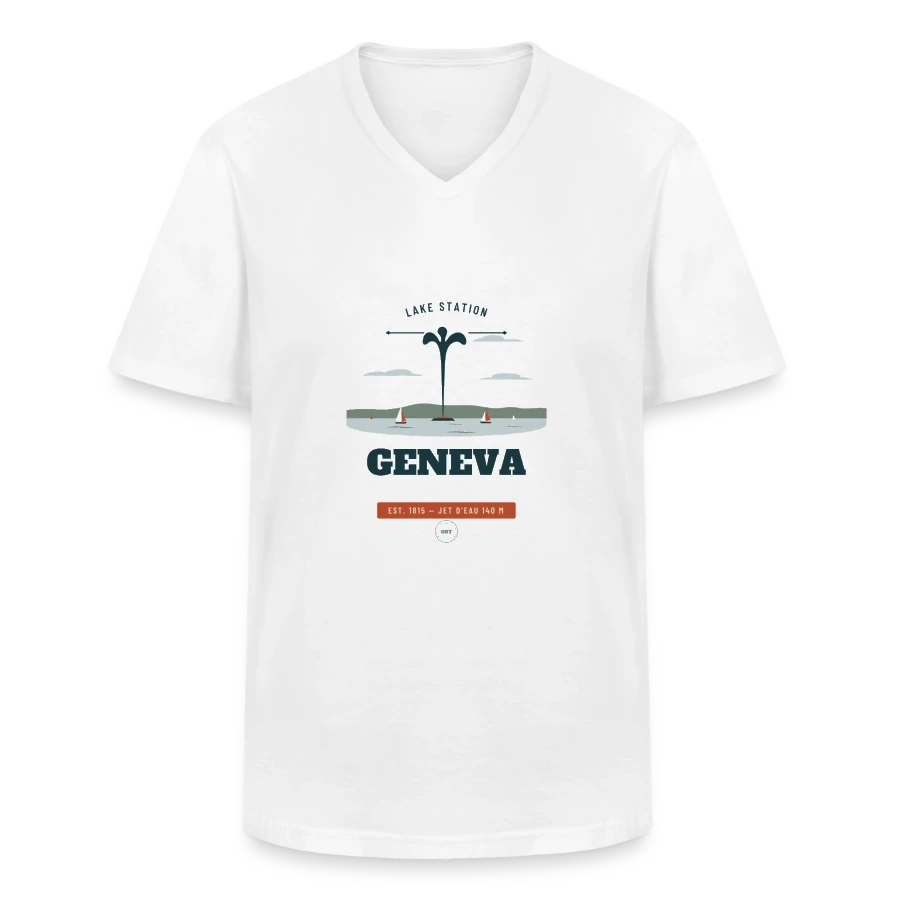 Geneva badge on a men's v-neck t-shirt, white