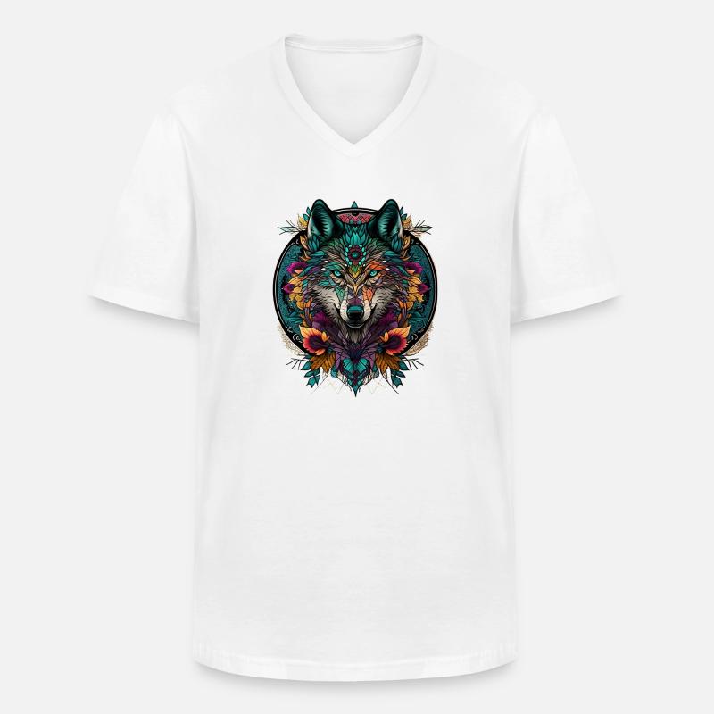 Wolf Mandala natura 22 - Maglietta da uomo classica con scollo a V - bianco