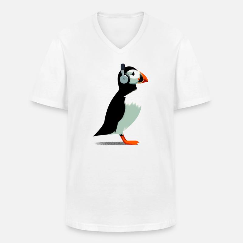 Papageitaucher mit Kopfhörern - Männer-T-Shirt mit V-Ausschnitt - Weiß