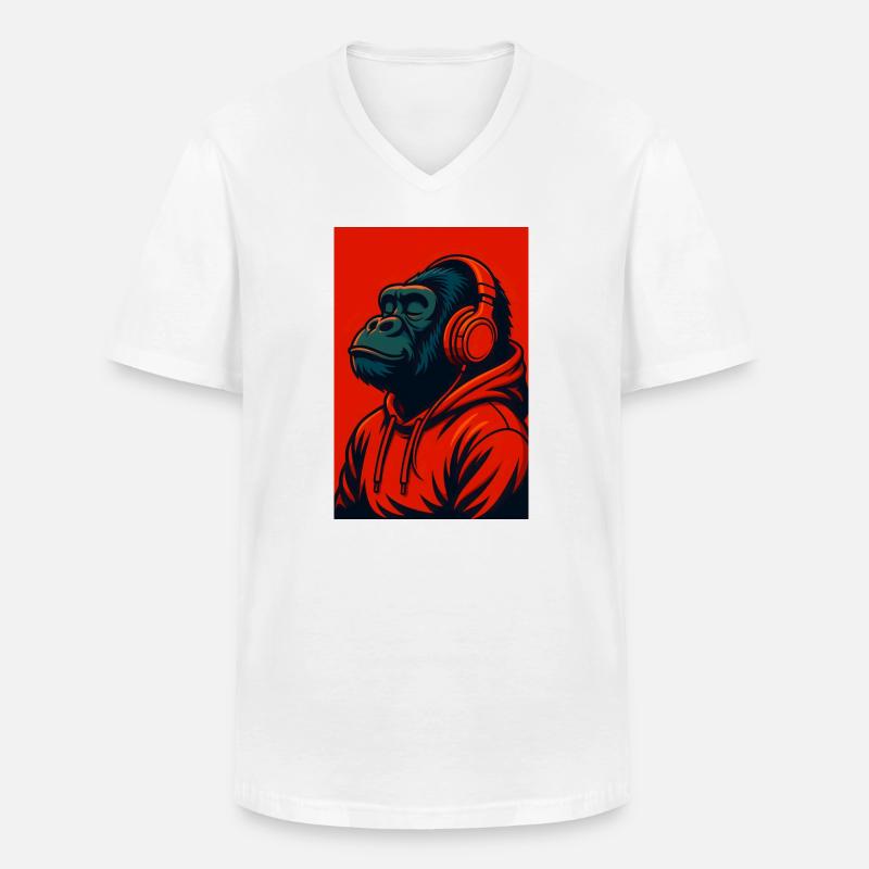 Gorilla im Kapuzenpullover mit Kopfhörern - Männer-T-Shirt mit V-Ausschnitt - Weiß