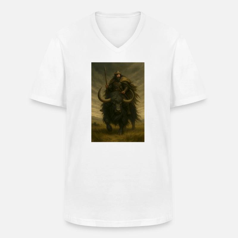 Uralter Krieger auf einem mächtigen schwarzen Yak - Männer-T-Shirt mit V-Ausschnitt - Weiß