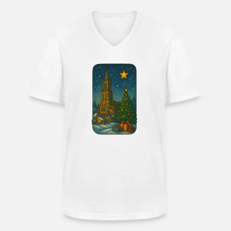 Winterlicher Kirchenplatz mit Weihnachtsbaum - Männer-T-Shirt mit V-Ausschnitt - Weiß