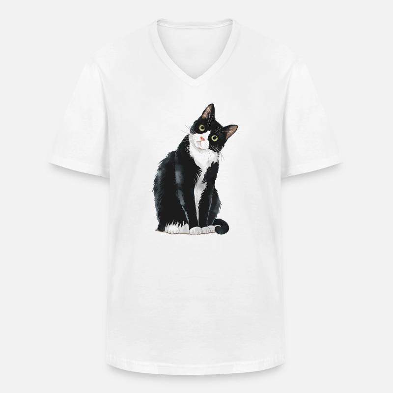 Gatto bianco e nero - Maglietta da uomo classica con scollo a V - bianco
