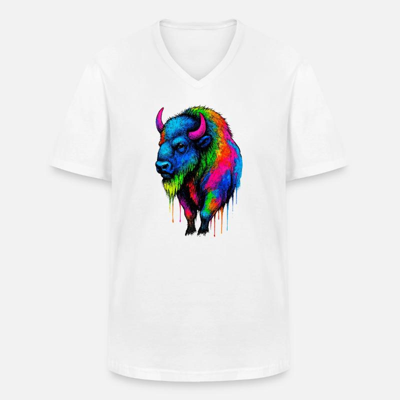 Bunter Bison Farbexplosion - Männer-T-Shirt mit V-Ausschnitt - Weiß
