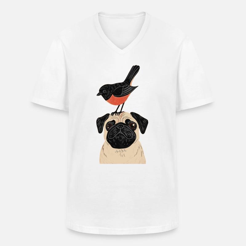 Mops mit Vogel - Männer-T-Shirt mit V-Ausschnitt - Weiß