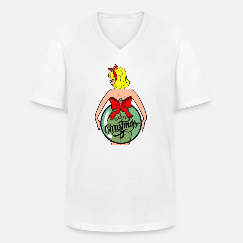Frau mit Weihnachtskugel und roter Schleife - Männer-T-Shirt mit V-Ausschnitt - Weiß
