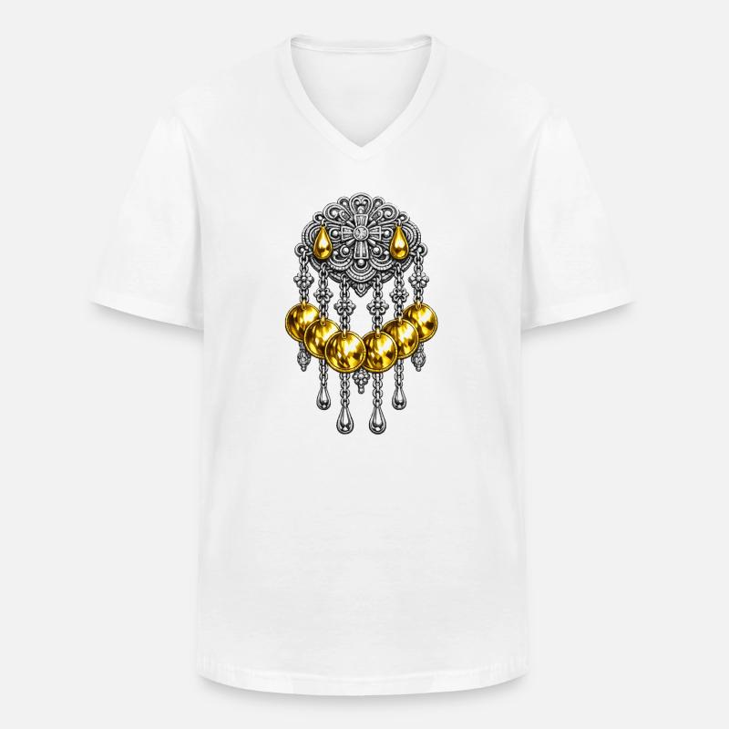 Goldene Sølje-Brosche mit Silberschmuck - Männer-T-Shirt mit V-Ausschnitt - Weiß