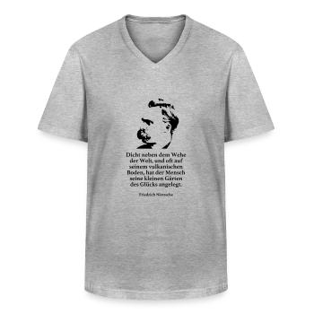 Nietzsche: Dicht neben dem Wehe der Welt, und oft - Männer-T-Shirt mit V-Ausschnitt - Grau meliert - Vorne - AI Model Male 185 light (185cm)