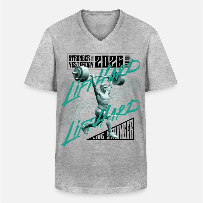 Gewichtheber-Mann, lila-rosa dunkle Version - Männer-T-Shirt mit V-Ausschnitt - Grau meliert