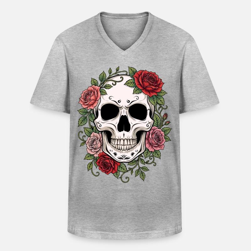 Skull & Red Roses, Gothic, Skull, Rock - Männer-T-Shirt mit V-Ausschnitt - Grau meliert
