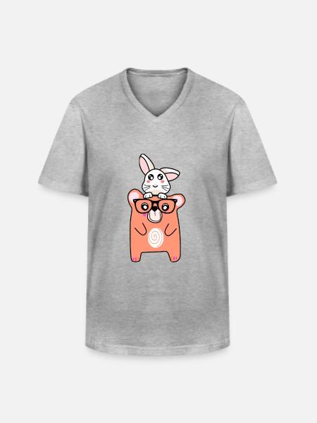 ours cool et lapin mignon - T-shirt col V Homme - gris chiné
