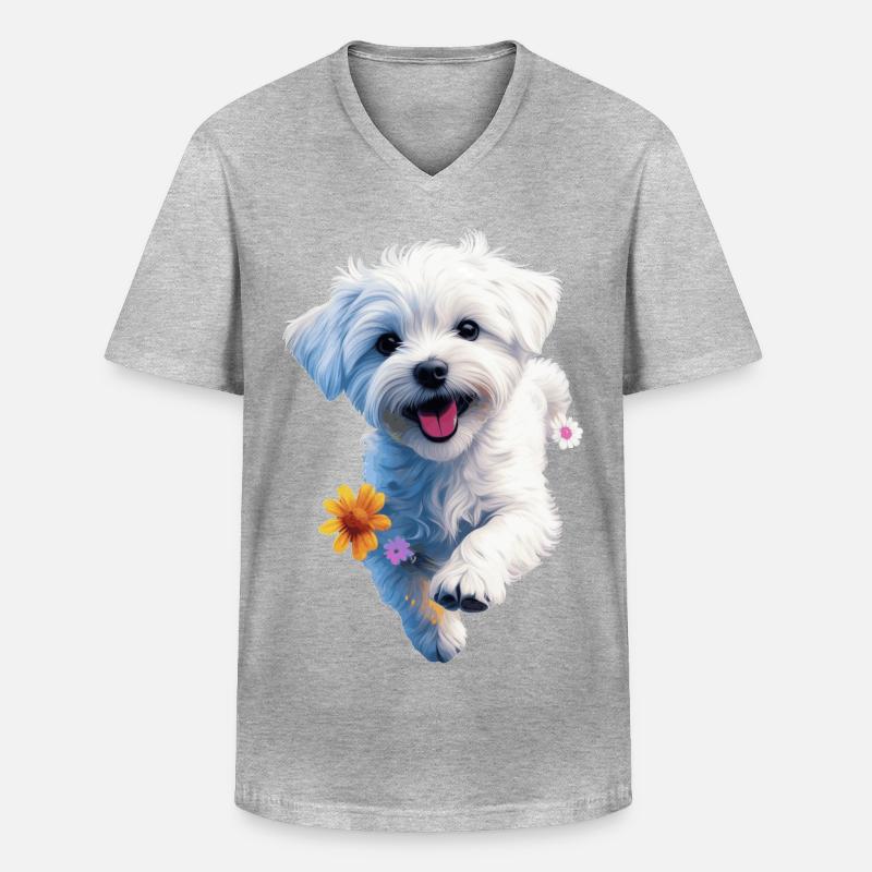 Maltesischer Welpe springt - 2 - 🐾 - Männer-T-Shirt mit V-Ausschnitt - Grau meliert