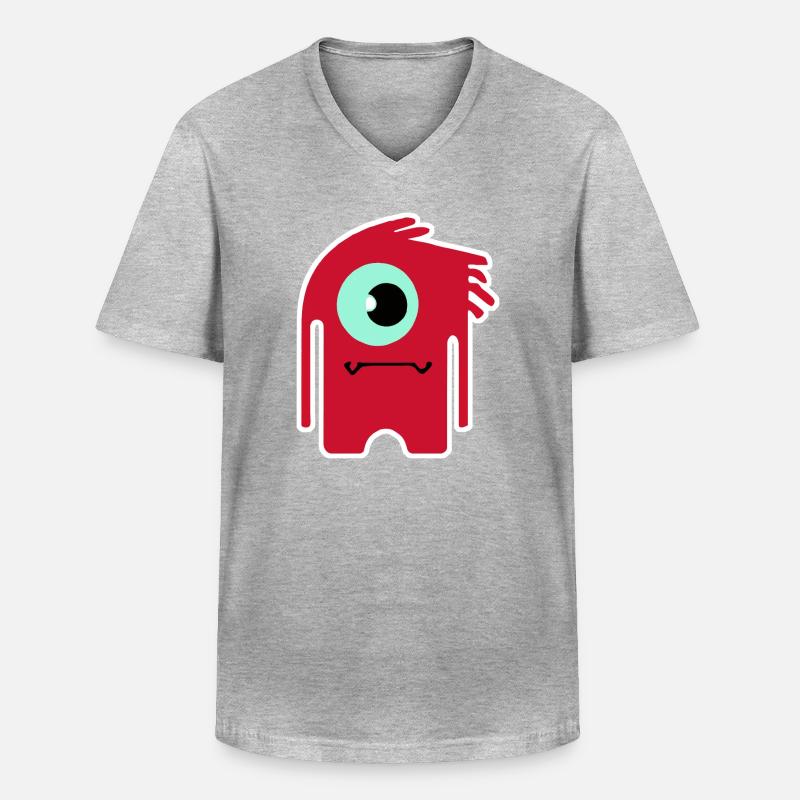 Rotes Zyklopenmonster | Lustiger Chibi-Alien - Männer-T-Shirt mit V-Ausschnitt - Grau meliert