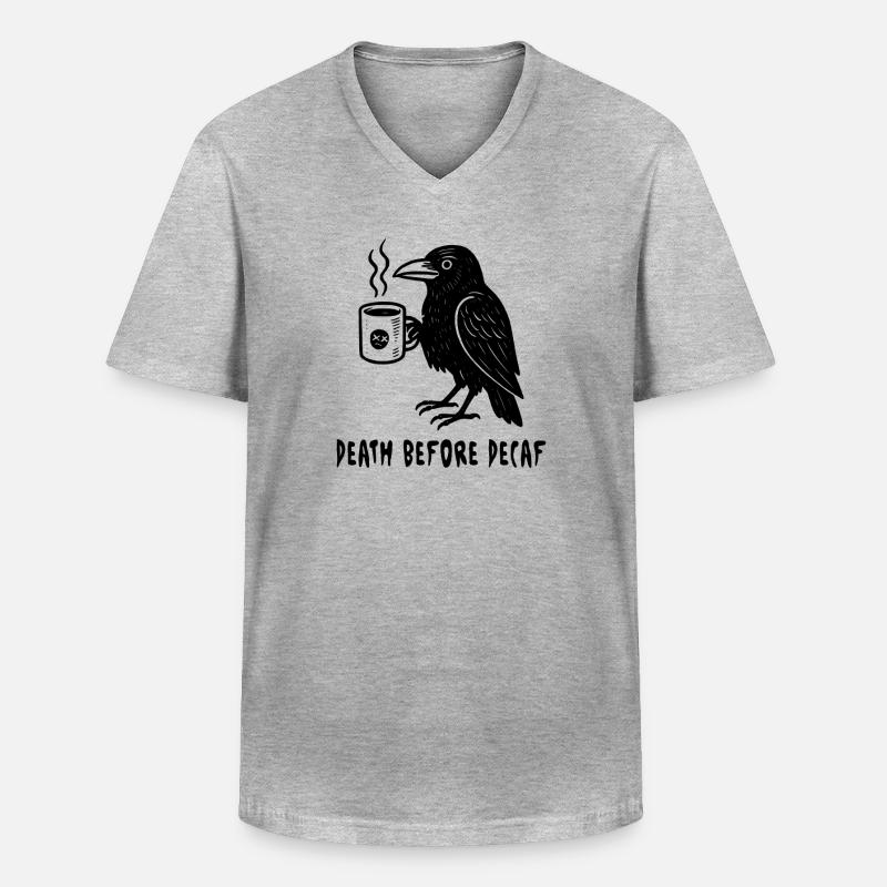 Death before Decaf - Rabe - Männer-T-Shirt mit V-Ausschnitt - Grau meliert